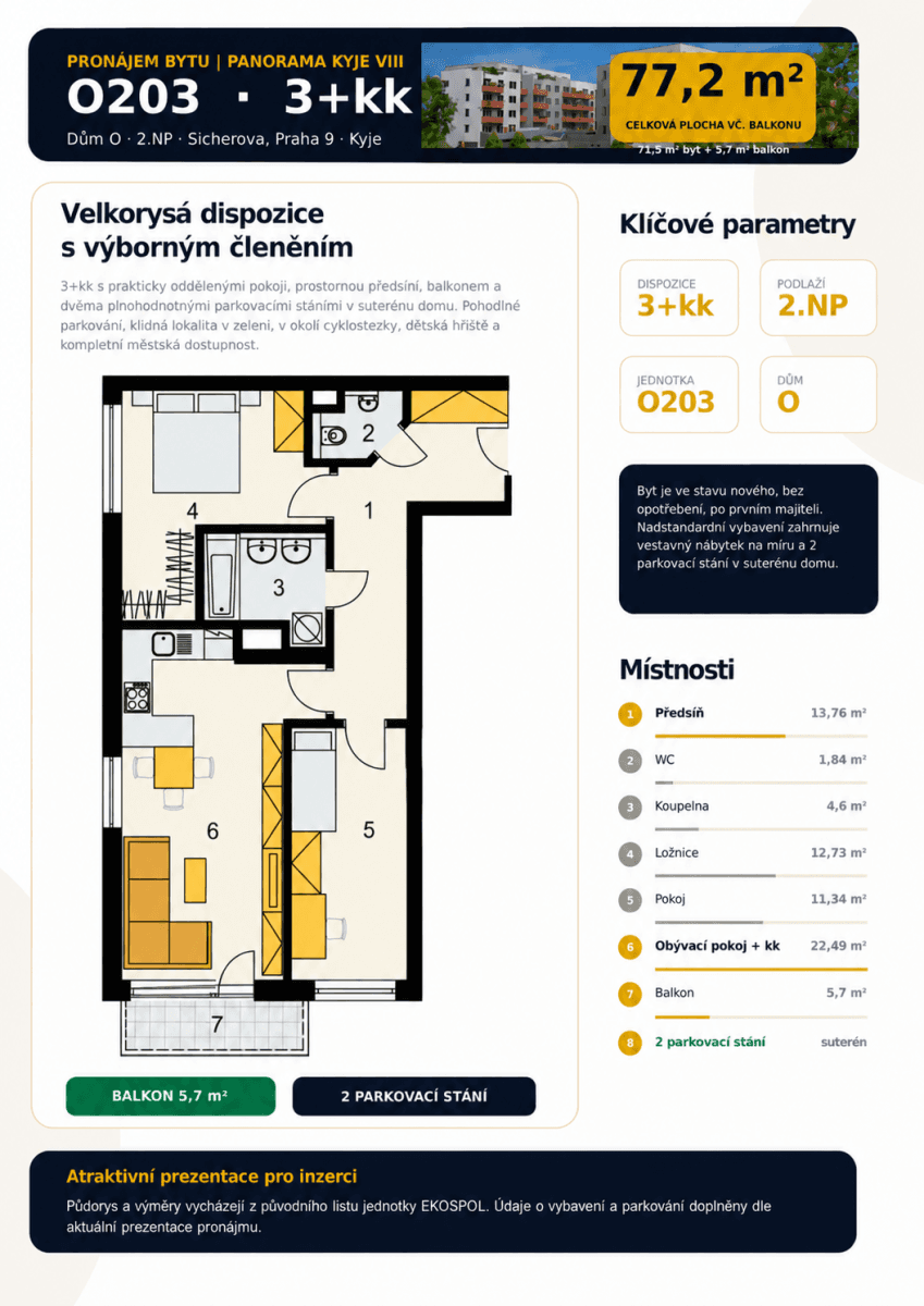 2 bedroom with open-plan kitchen flat to rent, 77 m², Sicherova, Prague, Prague 2 bedroom with open-plan kitchen flat to rent, 77 m², Sicherova, Prague, Prague