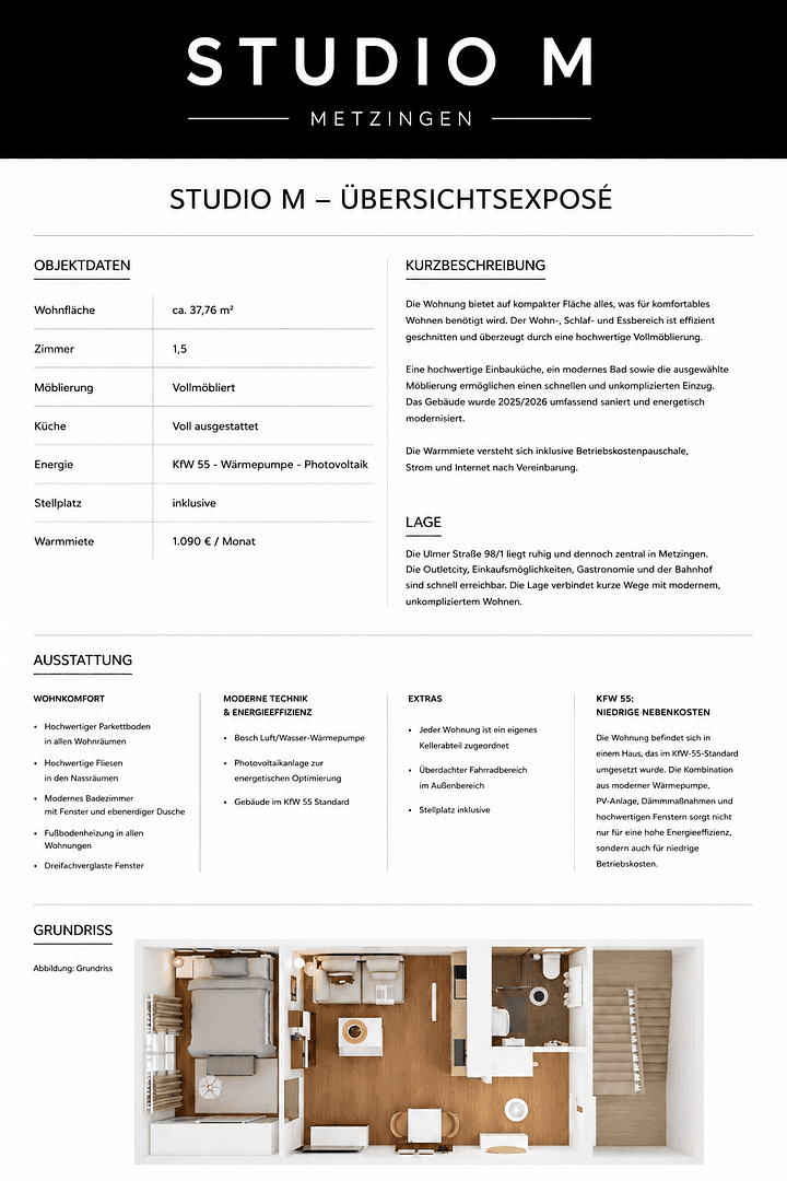 Studio flat to rent, 38 m², Ulmer Straße 98/1, Metzingen, Baden-Württemberg Studio flat to rent, 38 m², Ulmer Straße 98/1, Metzingen, Baden-Württemberg