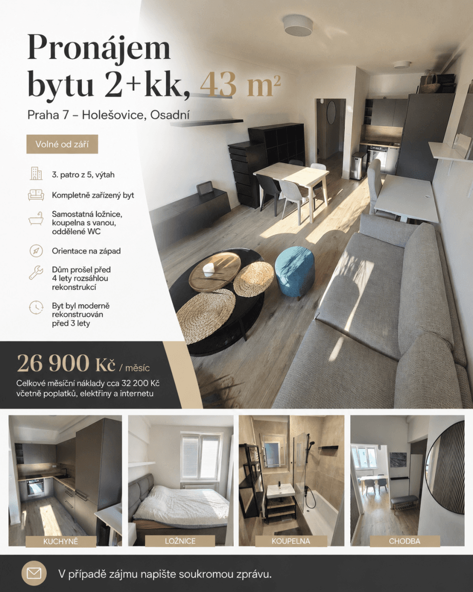 1 bedroom with open-plan kitchen flat to rent, 43 m², Osadní, Prague, Prague 1 bedroom with open-plan kitchen flat to rent, 43 m², Osadní, Prague, Prague