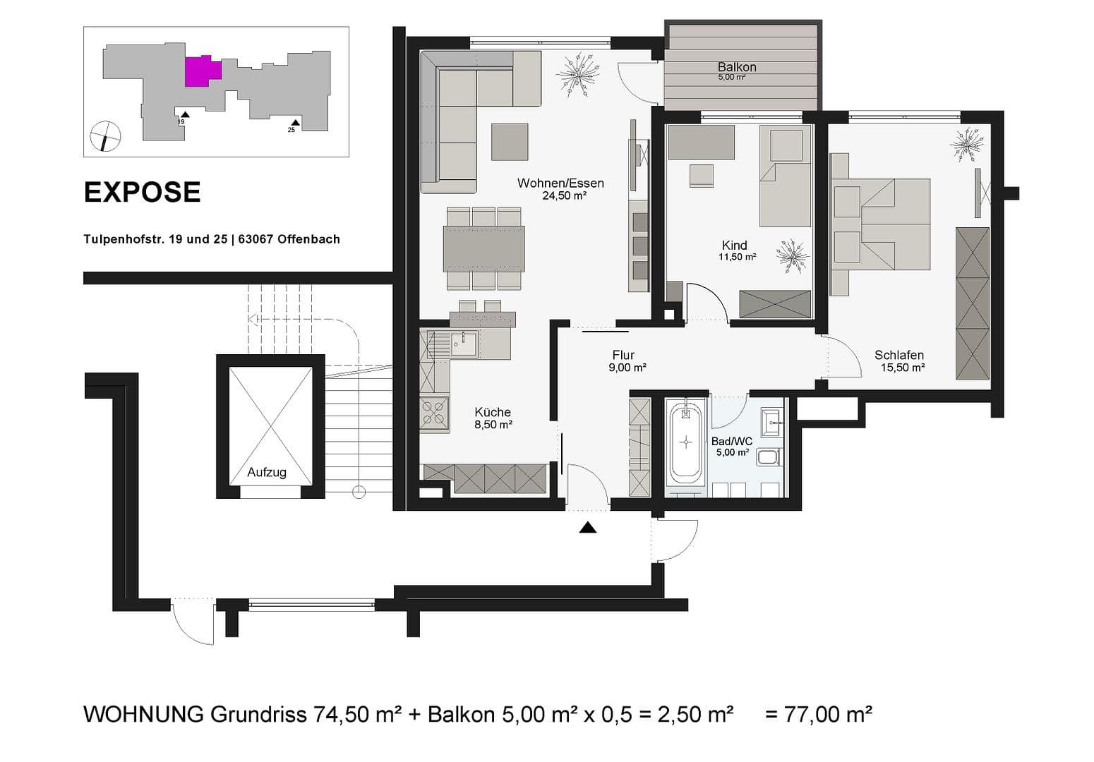 3 bedroom flat to rent, 77 m², Tulpenhofstraße, 19, Offenbach, Hesse 3 bedroom flat to rent, 77 m², Tulpenhofstraße, 19, Offenbach, Hesse