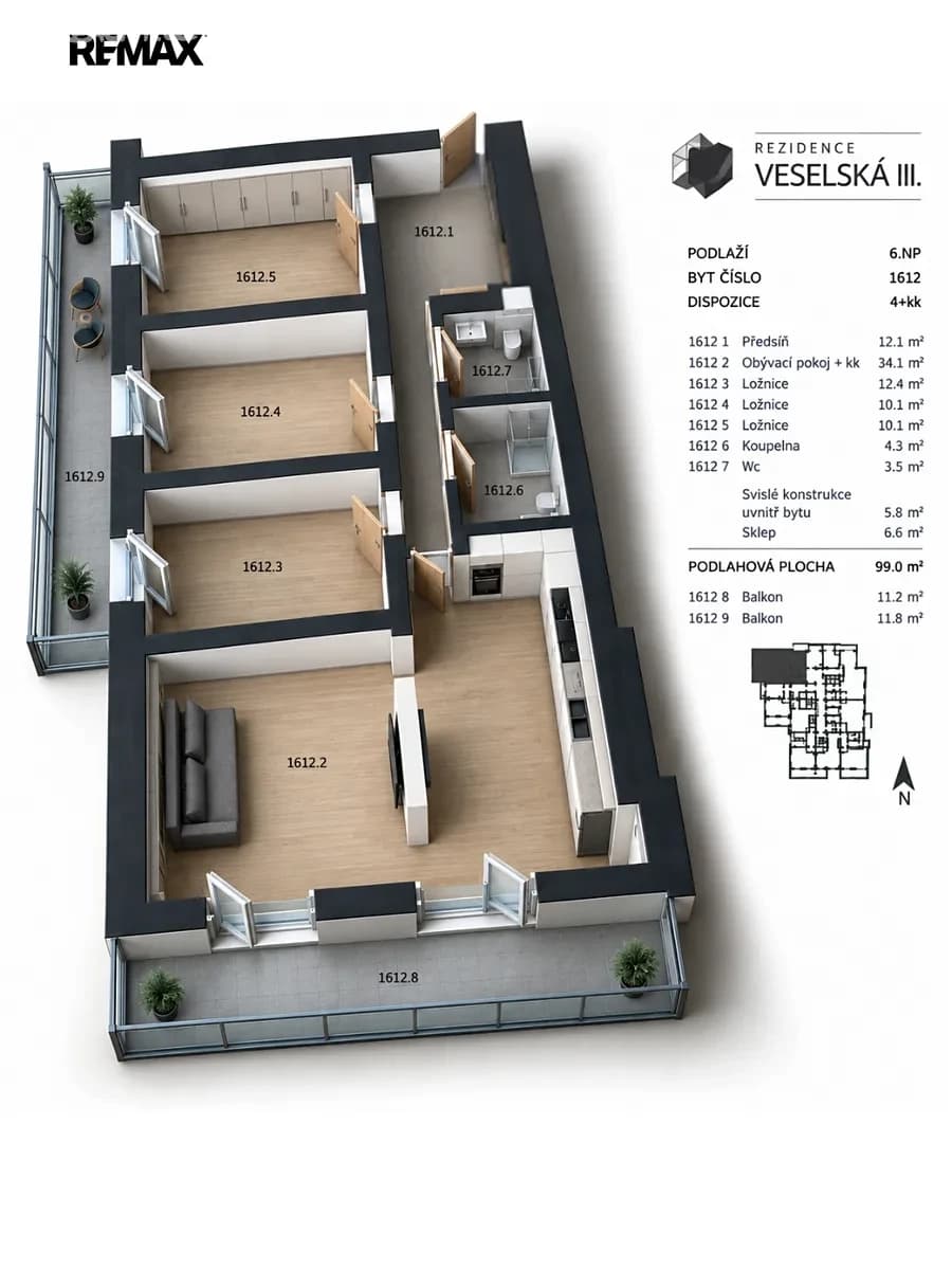 3 bedroom with open-plan kitchen flat to rent, 93 m², Škrábkových, Prague, Prague 3 bedroom with open-plan kitchen flat to rent, 93 m², Škrábkových, Prague, Prague