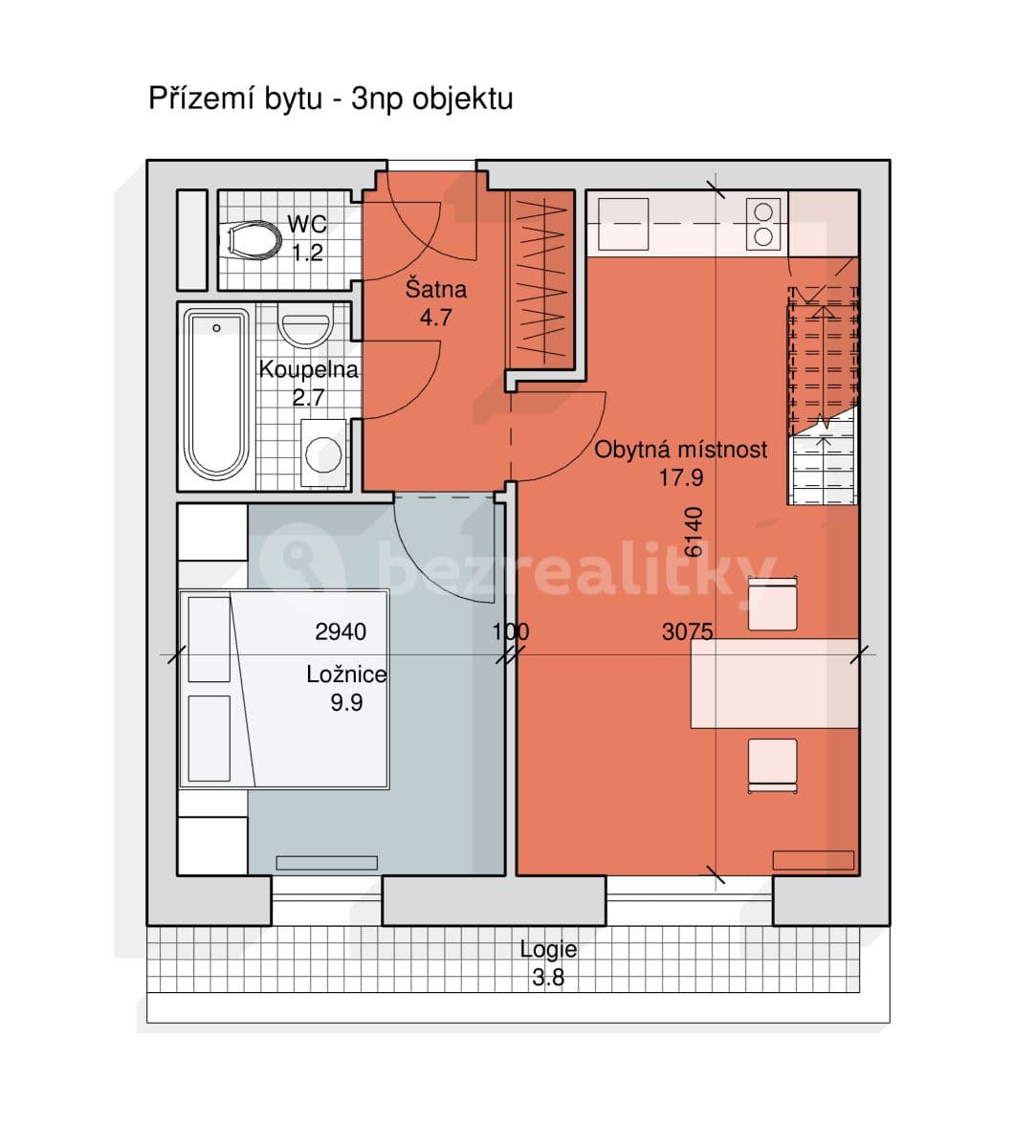 1 bedroom with open-plan kitchen flat to rent, 57 m², Prague, Prague 1 bedroom with open-plan kitchen flat to rent, 57 m², Prague, Prague