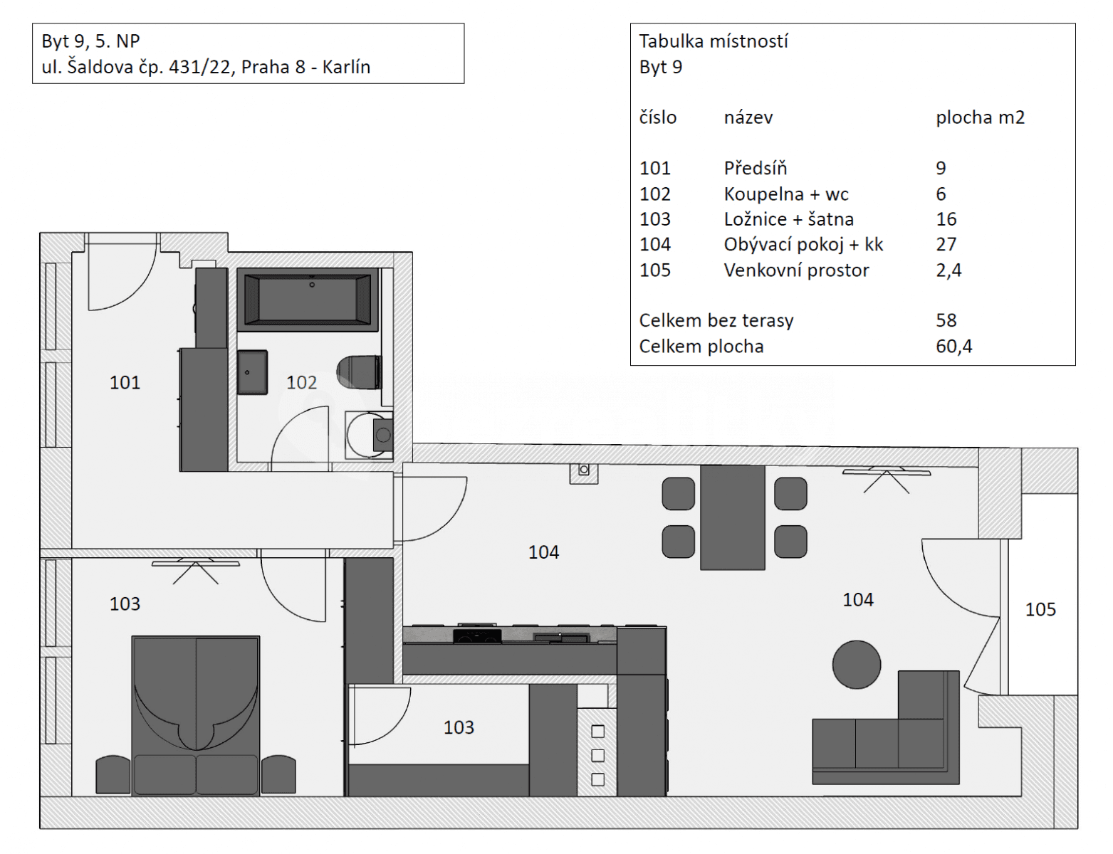 1 bedroom with open-plan kitchen flat to rent, 61 m², Šaldova, Prague, Prague 1 bedroom with open-plan kitchen flat to rent, 61 m², Šaldova, Prague, Prague