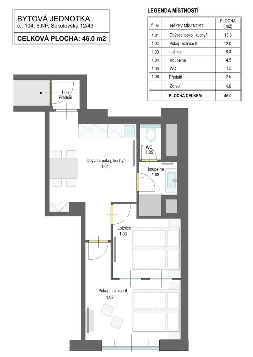 2 bedroom with open-plan kitchen flat to rent, 46 m², Sokolovská, Prague, Prague 2 bedroom with open-plan kitchen flat to rent, 46 m², Sokolovská, Prague, Prague