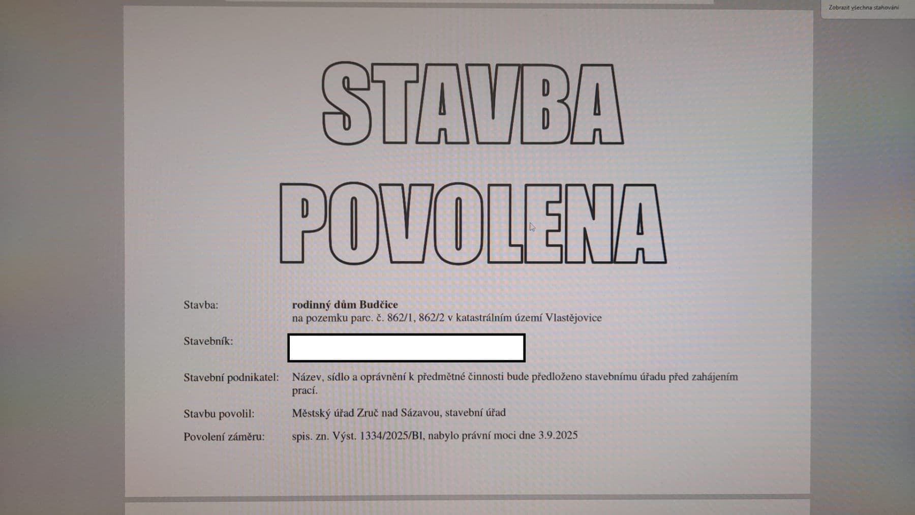 plot for sale, 862 m², Vlastějovice, Středočeský Region plot for sale, 862 m², Vlastějovice, Středočeský Region