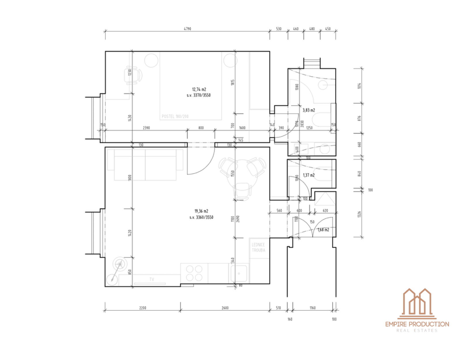 1 bedroom with open-plan kitchen flat for sale, 43 m², 28. pluku, Prague, Prague 1 bedroom with open-plan kitchen flat for sale, 43 m², 28. pluku, Prague, Prague