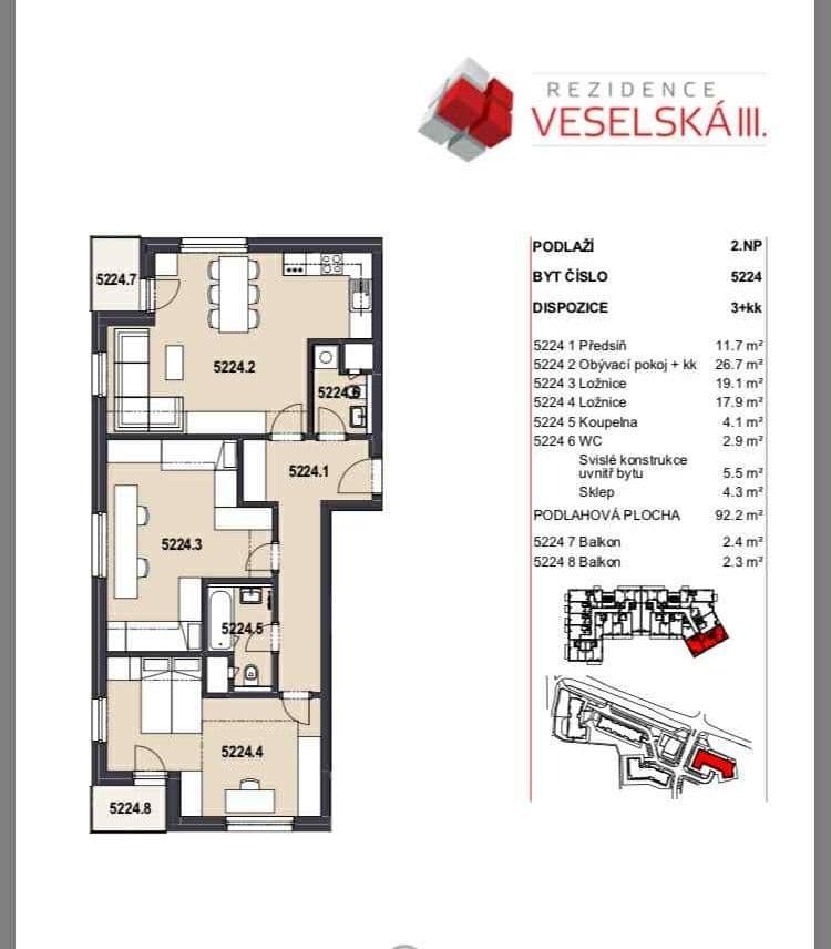 2 bedroom with open-plan kitchen flat for sale, 88 m², Miroslava Hajna, Prague, Prague 2 bedroom with open-plan kitchen flat for sale, 88 m², Miroslava Hajna, Prague, Prague