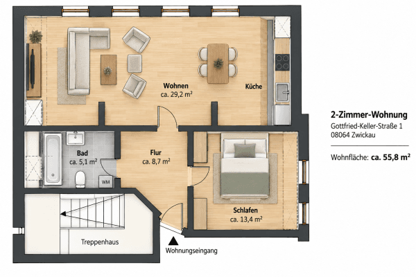 2 bedroom flat to rent, 56 m², Gottfried-Keller-Straße 1, Zwickau 2 bedroom flat to rent, 56 m², Gottfried-Keller-Straße 1, Zwickau