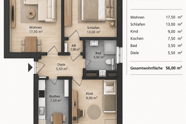 2 bedroom with open-plan kitchen flat to rent, 56 m², Reuenberg 53b, Essen 2 bedroom with open-plan kitchen flat to rent, 56 m², Reuenberg 53b, Essen